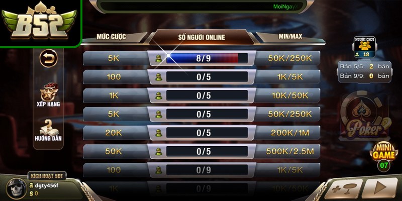 Sảnh poker cung cấp nhiều lựa chọn bàn chơi với các mức cược khác nhau