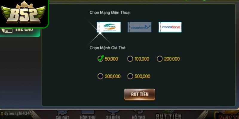 Rút tiền B52club siêu tốc bằng thẻ cào điện thoại